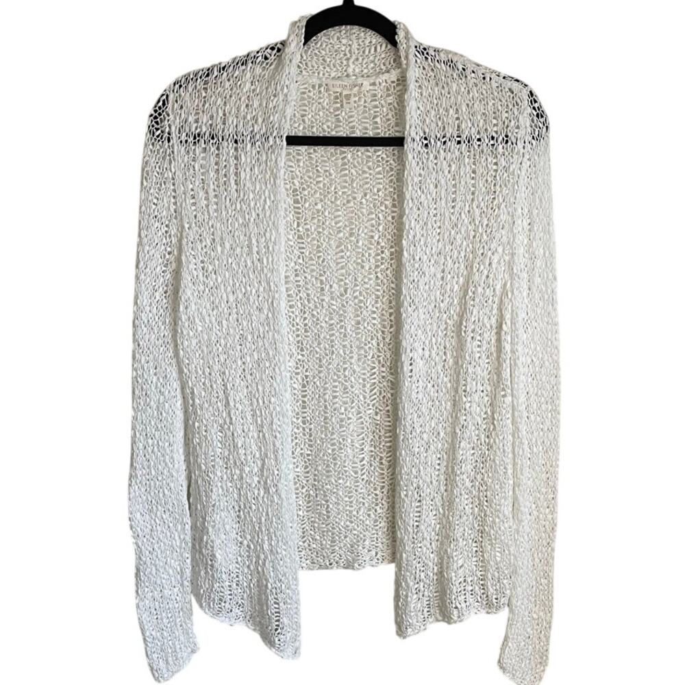 Eileen Fisher Open Front Loose Knit White Cardigan 100% Cotton Sz PM Grandmacore